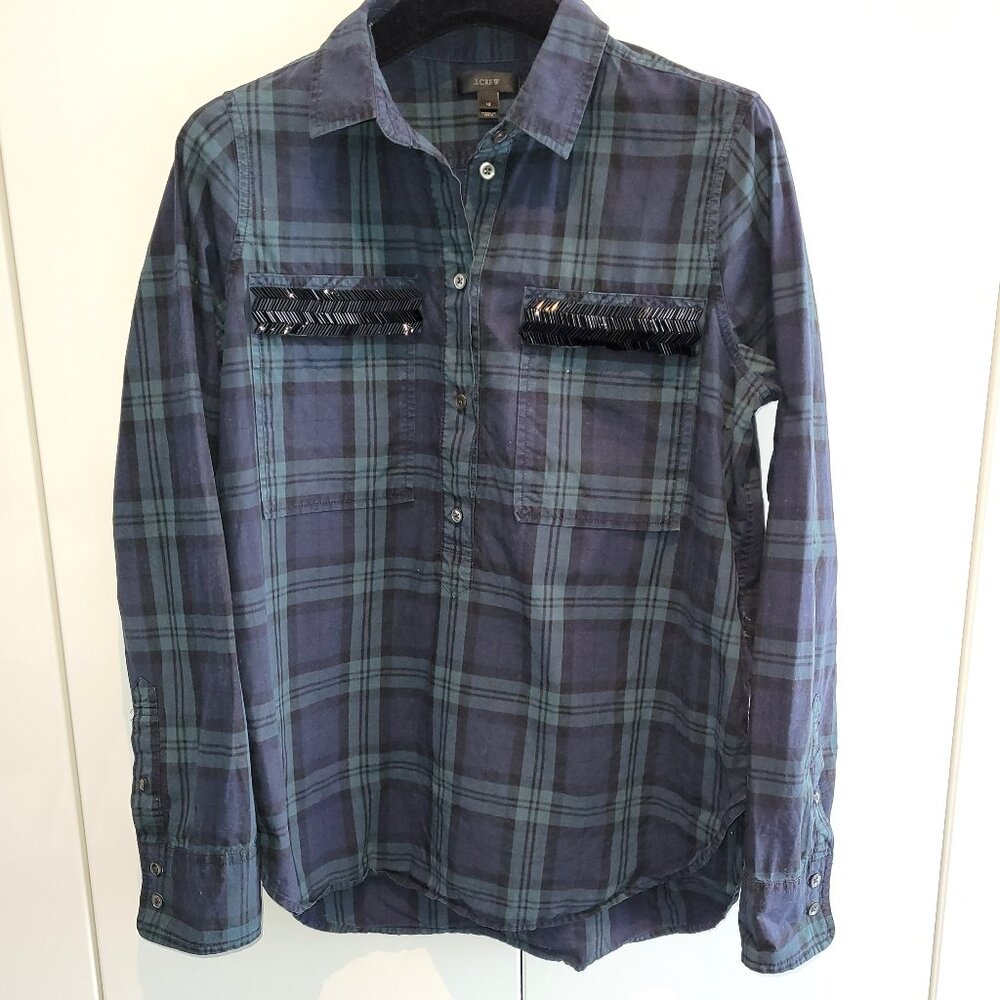 J Crew 100% Cotton Plaid Popover Shirt with Beaded Detail Size 12